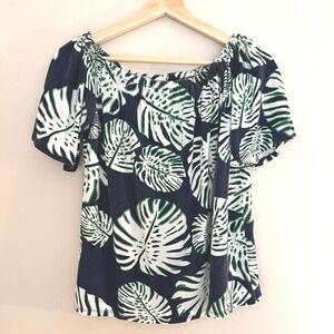 Haley and the Hound Womens Small Tropical Monstera Leaf Off Shoulder Top Navy